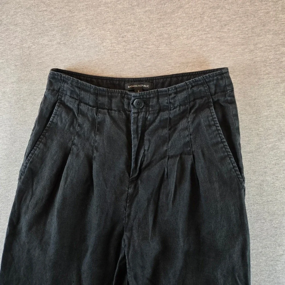 Banana Republic Pleated Trousers Womens 2 Black 100% Linen High Rise Wide‎ Leg